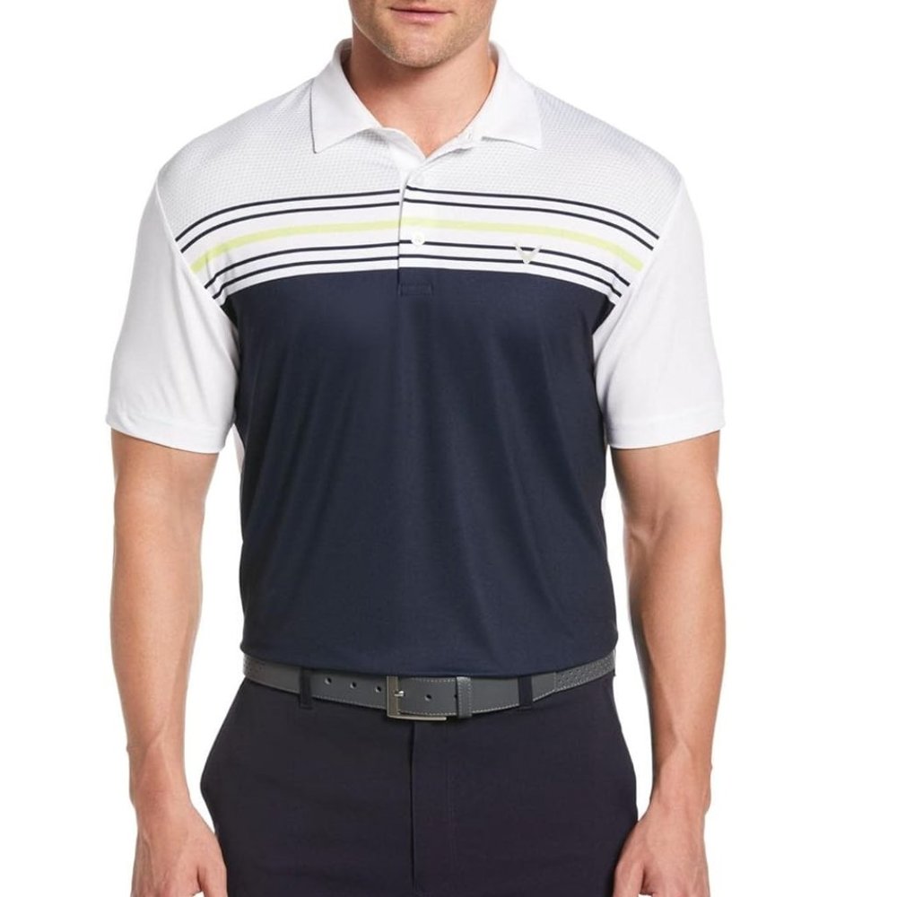 Callaway Polo Golf Shirt Navy/White with Peacoat/ Daiquiri Green Stripe XXL 2XL
